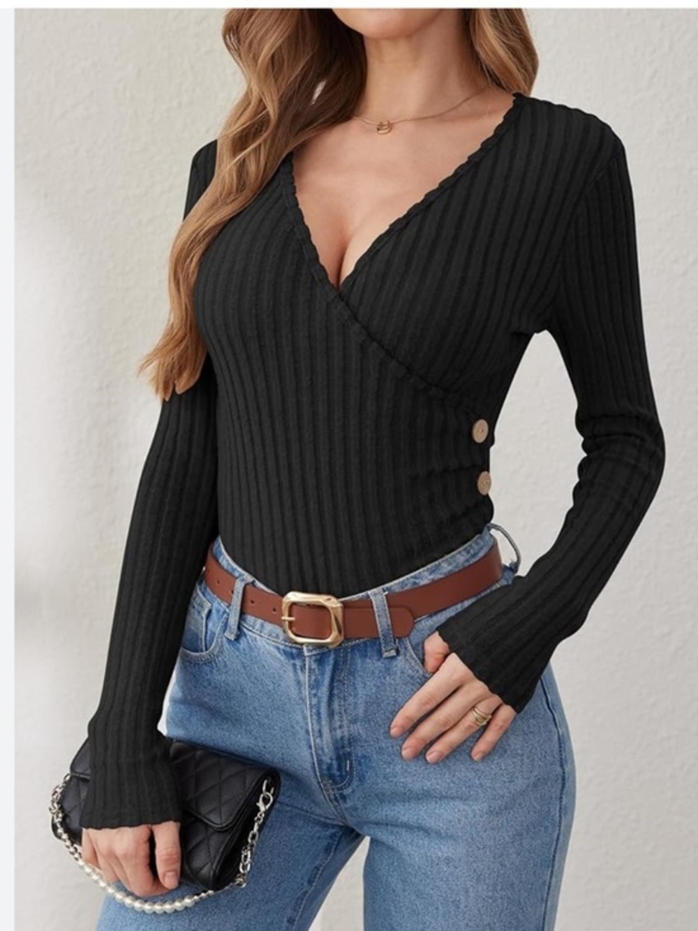 Bebe Ribbed Knit V-neck Wrap Top Black Medium